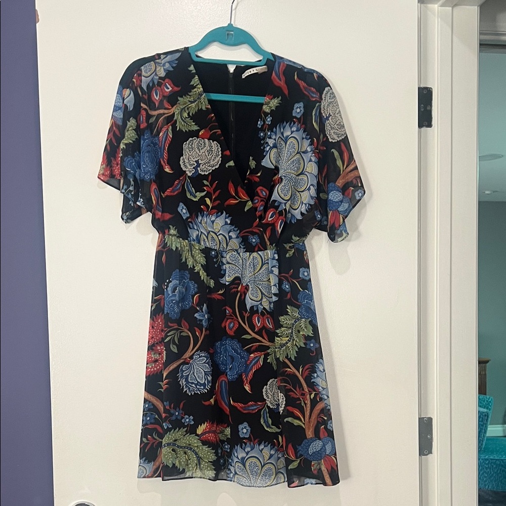 Alice + Olivia Black Mini Dress with Blue, Red & Green Floral Print size 2